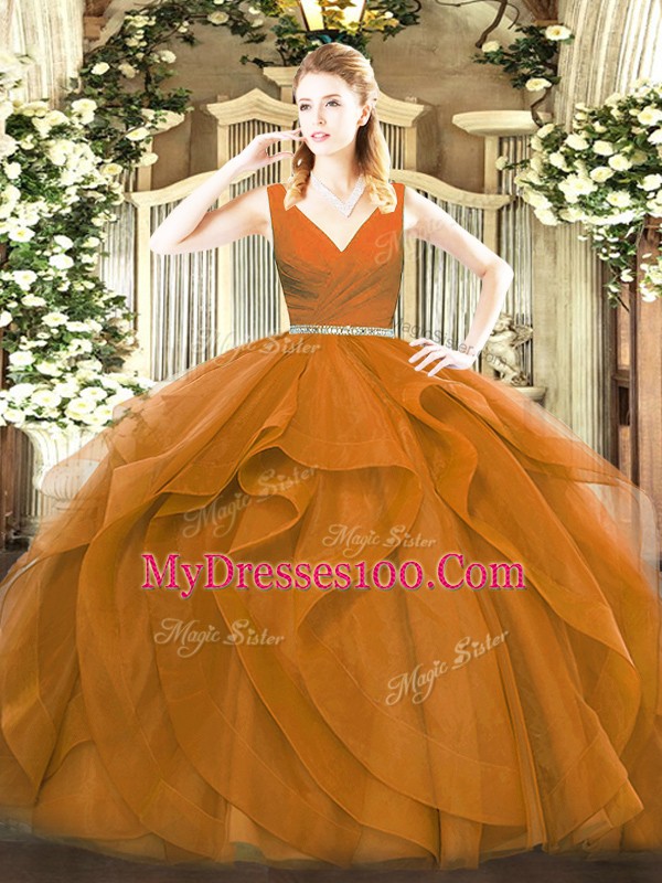 Brown Zipper V-neck Beading and Ruffles Vestidos de Quinceanera Tulle Sleeveless