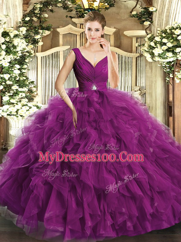Low Price V-neck Sleeveless Backless Quinceanera Gowns Fuchsia Tulle