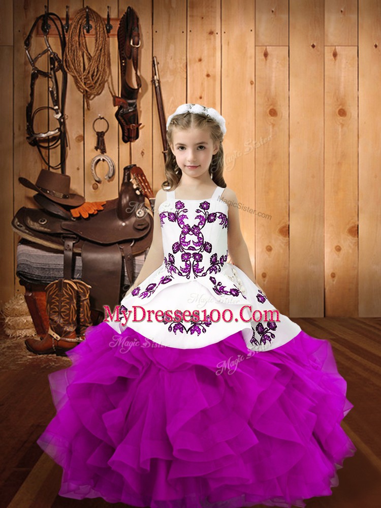 Floor Length Ball Gowns Sleeveless Fuchsia Little Girl Pageant Gowns Lace Up
