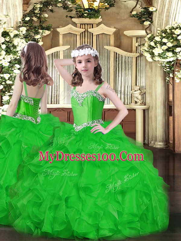 Superior Green Ball Gowns Straps Sleeveless Organza Floor Length Lace Up Beading and Ruffles Little Girls Pageant Dress