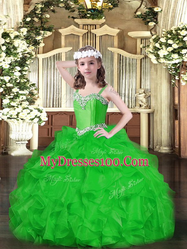 Superior Green Ball Gowns Straps Sleeveless Organza Floor Length Lace Up Beading and Ruffles Little Girls Pageant Dress