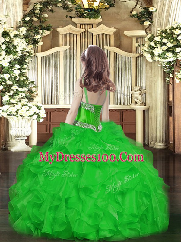 Superior Green Ball Gowns Straps Sleeveless Organza Floor Length Lace Up Beading and Ruffles Little Girls Pageant Dress