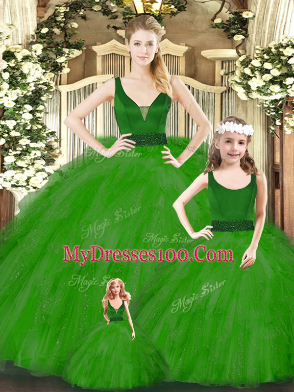 Floor Length Green Quince Ball Gowns Organza Sleeveless Beading and Ruffles