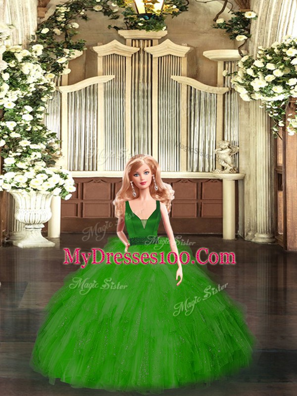 Floor Length Green Quince Ball Gowns Organza Sleeveless Beading and Ruffles