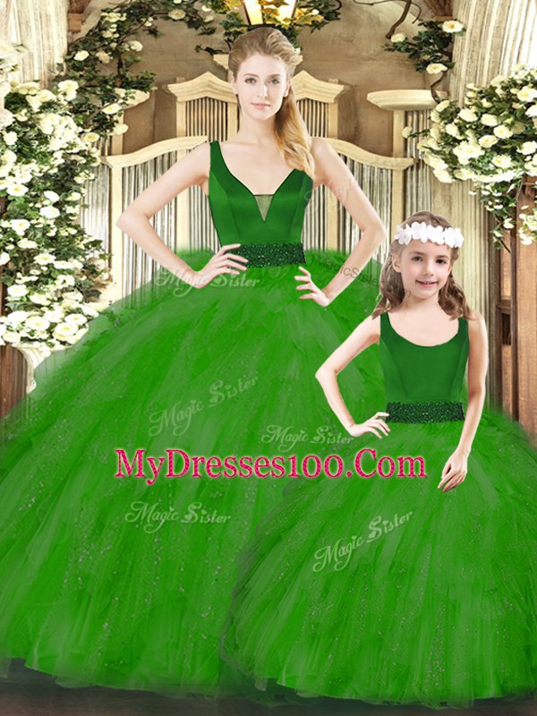 Floor Length Green Quince Ball Gowns Organza Sleeveless Beading and Ruffles