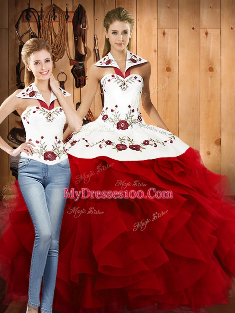Fashion Sleeveless Lace Up Floor Length Embroidery and Ruffles Ball Gown Prom Dress