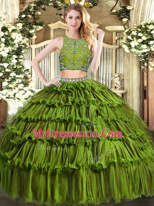 Luxury Beading and Ruffled Layers Sweet 16 Quinceanera Dress Olive Green Zipper Sleeveless Floor Length