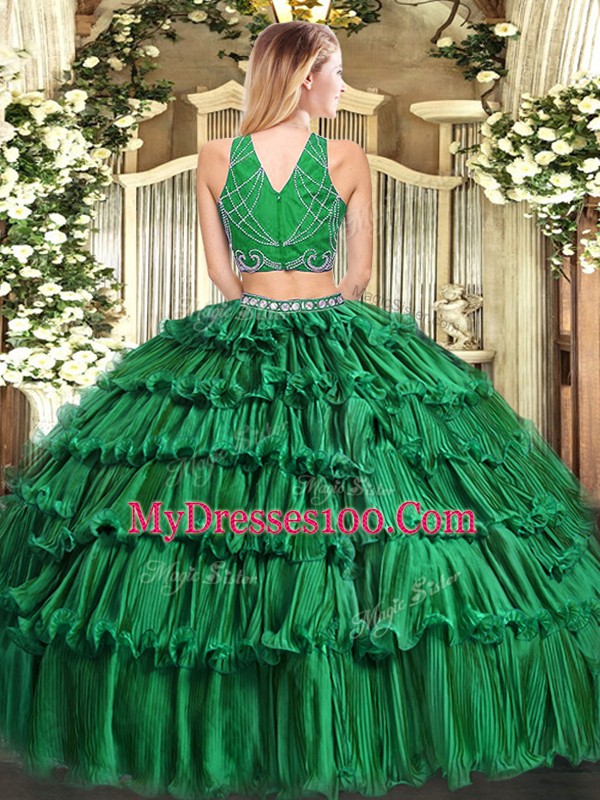 Luxury Beading and Ruffled Layers Sweet 16 Quinceanera Dress Olive Green Zipper Sleeveless Floor Length