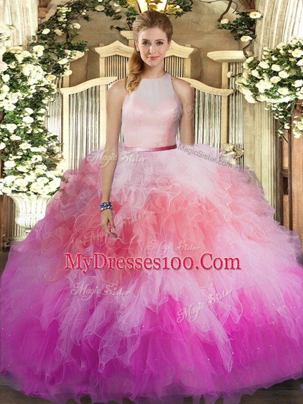 Beauteous Multi-color Backless High-neck Ruffles 15 Quinceanera Dress Tulle Sleeveless