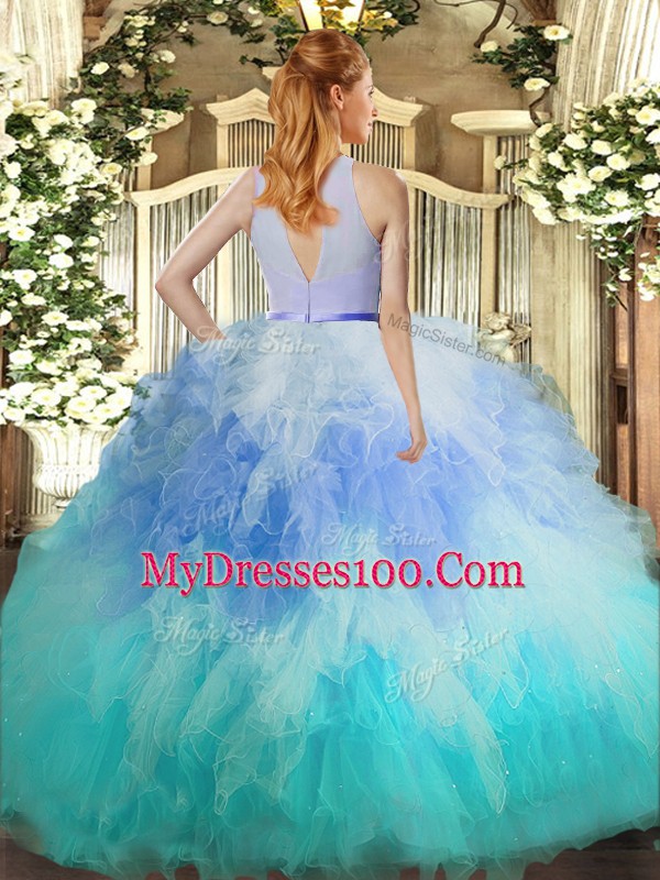 Beauteous Multi-color Backless High-neck Ruffles 15 Quinceanera Dress Tulle Sleeveless