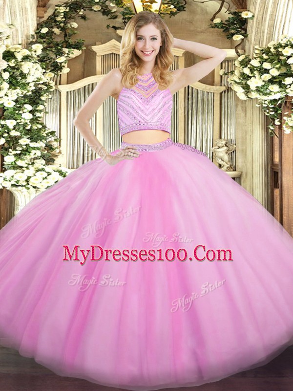 Popular High-neck Sleeveless Zipper Quinceanera Dress Lilac Tulle