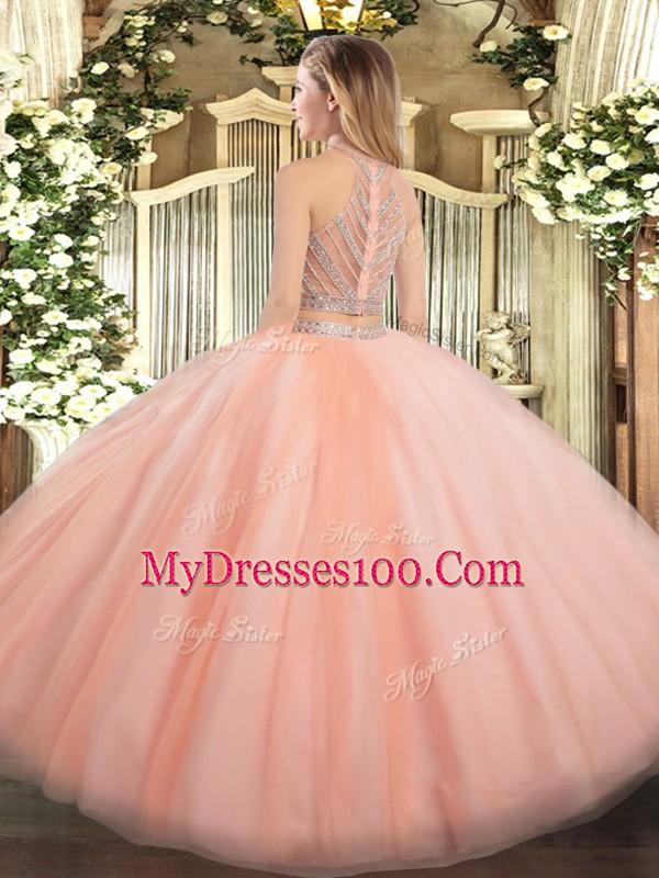 Popular High-neck Sleeveless Zipper Quinceanera Dress Lilac Tulle