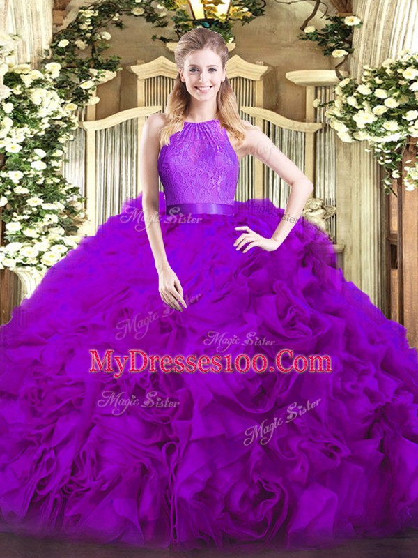 Exquisite Floor Length Zipper Quinceanera Gown Eggplant Purple for Military Ball and Sweet 16 and Quinceanera with Lace