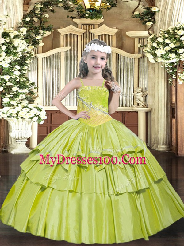 Floor Length Lace Up Evening Gowns Yellow Green for Party and Quinceanera with Beading and Ruffled Layers