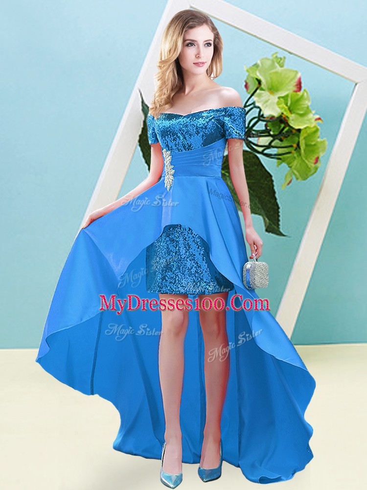 Flare Baby Blue Empire Beading Lace Up Elastic Woven Satin and Sequined Short Sleeves High Low