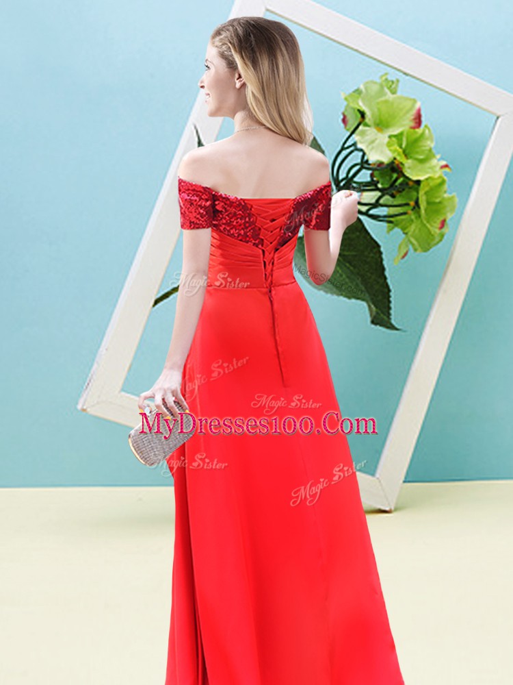 Flare Baby Blue Empire Beading Lace Up Elastic Woven Satin and Sequined Short Sleeves High Low