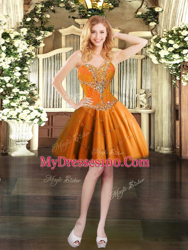 Sleeveless Tulle Mini Length Lace Up Club Wear in Orange with Beading