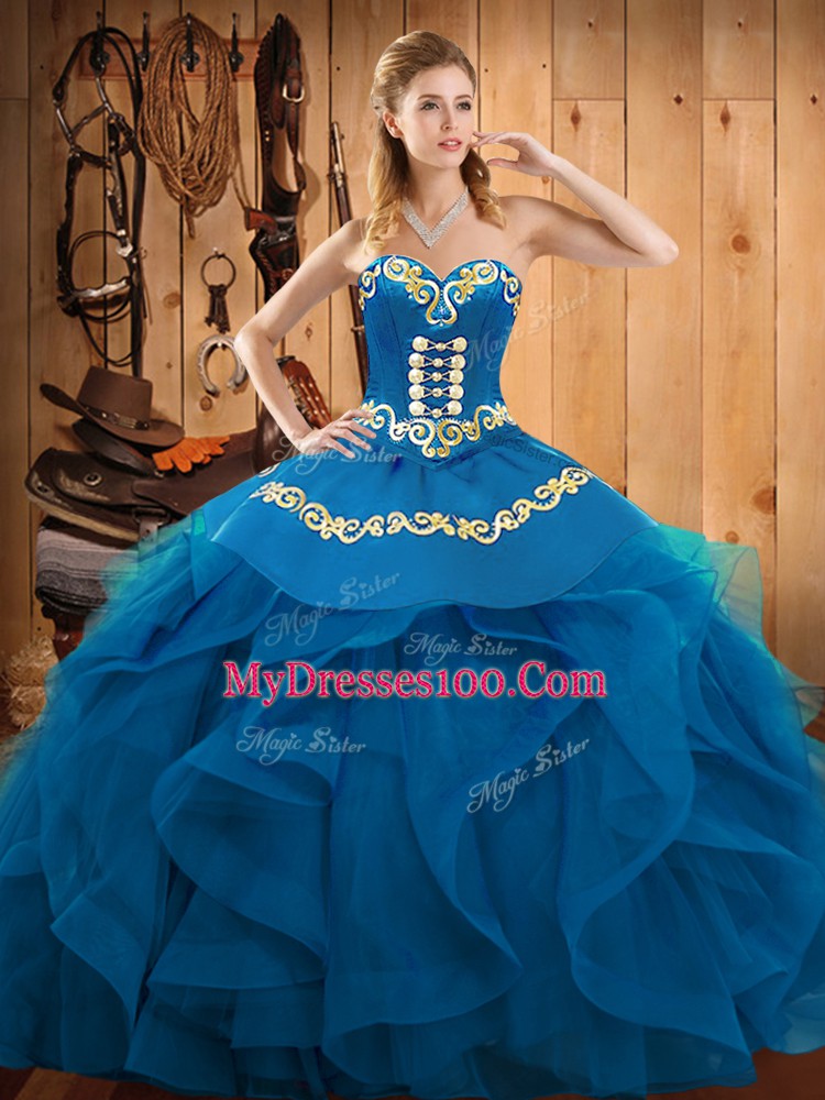 Fabulous Blue Sleeveless Embroidery and Ruffles Floor Length Quinceanera Dress