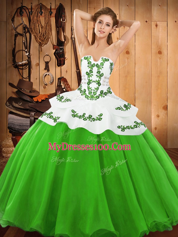 Green Strapless Neckline Embroidery 15th Birthday Dress Sleeveless Lace Up