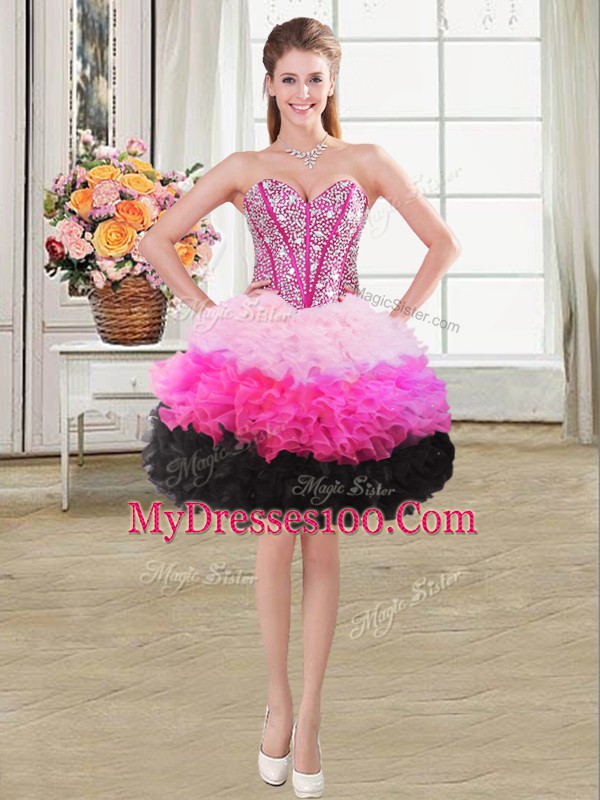 Beading and Ruffles Cocktail Dress Multi-color Lace Up Sleeveless Mini Length