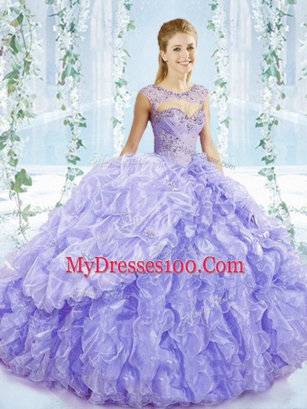 Glorious Lavender Sweet 16 Quinceanera Dress Organza Brush Train Sleeveless Beading and Ruffles and Pick Ups