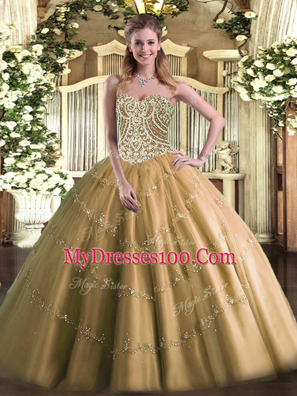 Trendy Floor Length Lace Up 15th Birthday Dress Brown for Military Ball and Sweet 16 and Quinceanera with Beading