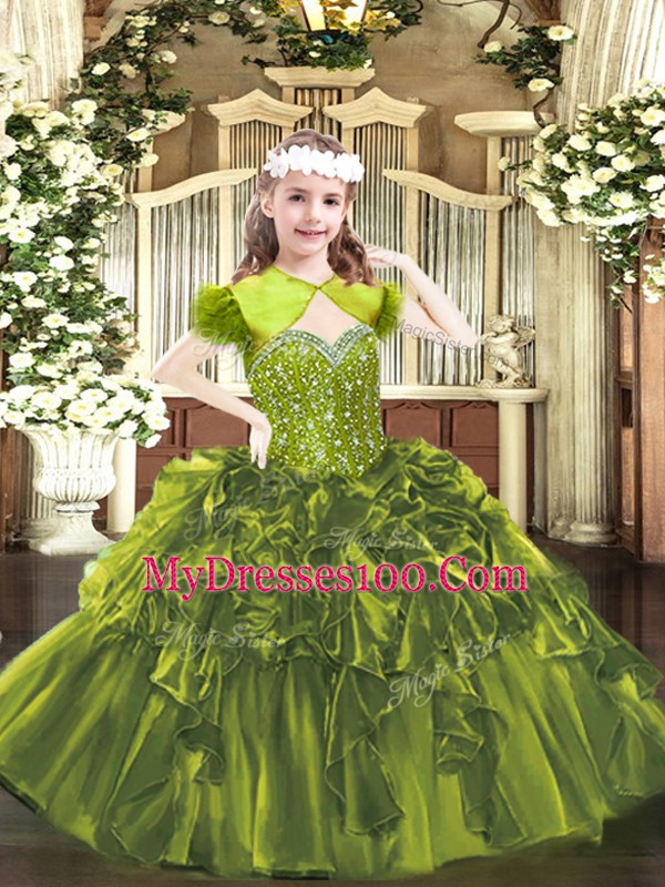 High Class Olive Green Ball Gowns Beading and Ruffles Girls Pageant Dresses Lace Up Organza Sleeveless Floor Length