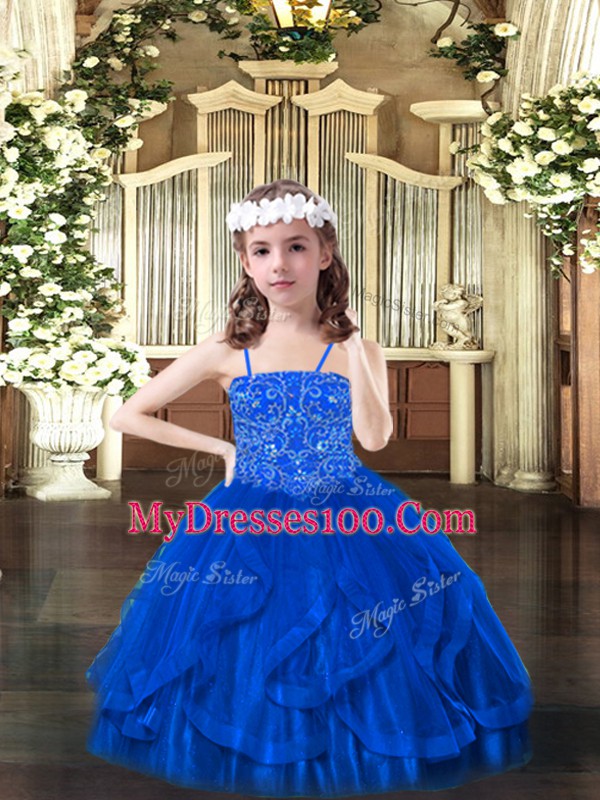 Spaghetti Straps Sleeveless Tulle Pageant Dress for Girls Beading and Ruffles Lace Up