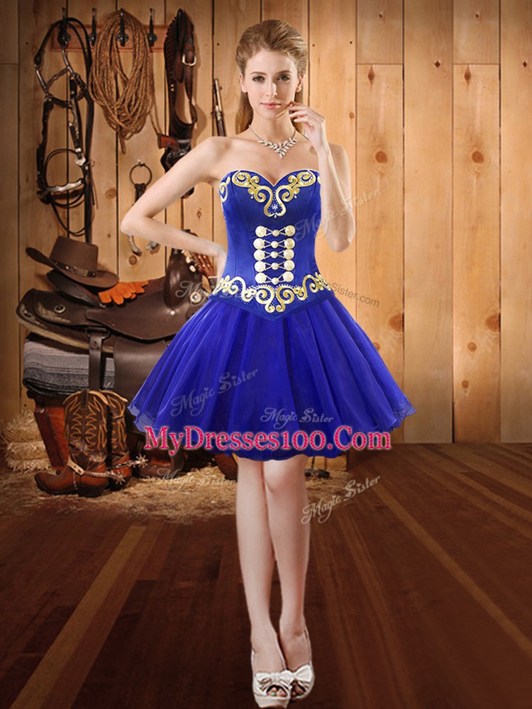 Hot Selling Royal Blue Lace Up Prom Gown Embroidery Sleeveless Mini Length