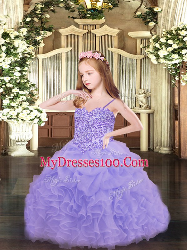 Floor Length Ball Gowns Sleeveless Lavender Pageant Gowns For Girls Lace Up