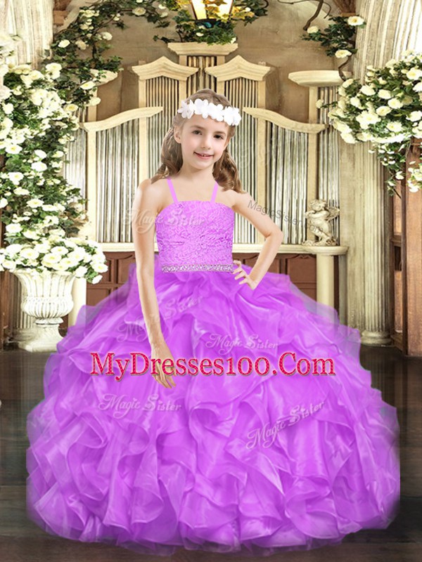 Straps Sleeveless Kids Formal Wear Floor Length Beading and Lace and Ruffles Lavender Organza