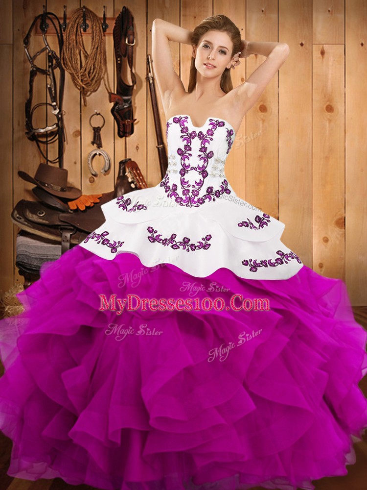 Fantastic Embroidery and Ruffles Quinceanera Gown Fuchsia Lace Up Sleeveless Floor Length