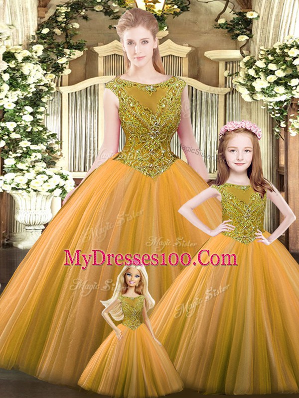 Cute Sleeveless Floor Length Beading Lace Up Quinceanera Gowns with Orange