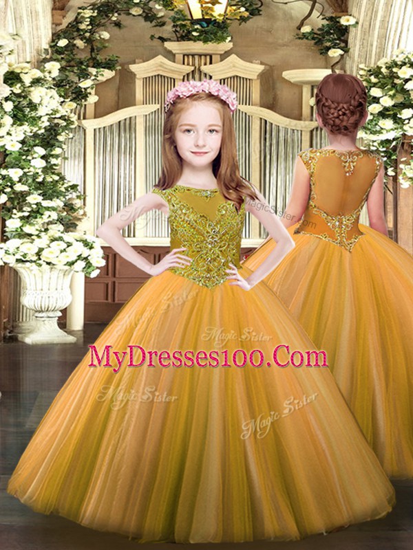 Cute Sleeveless Floor Length Beading Lace Up Quinceanera Gowns with Orange