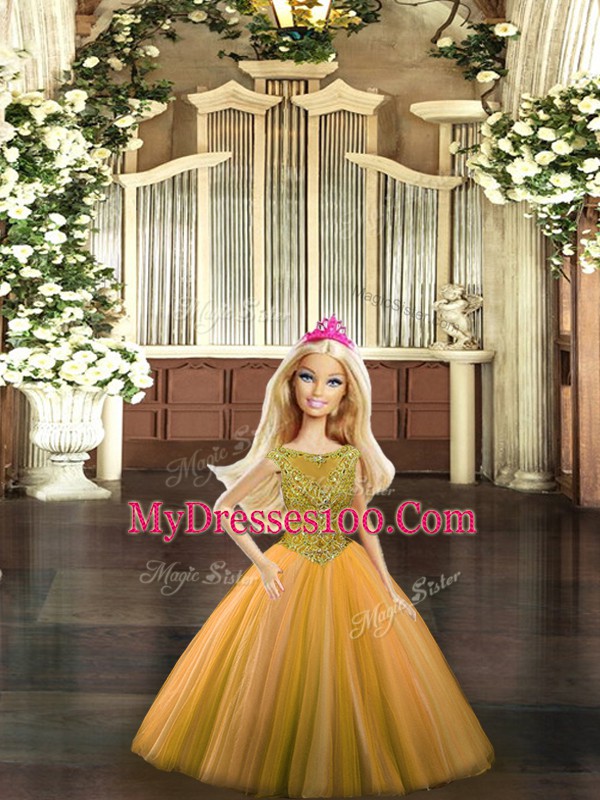 Cute Sleeveless Floor Length Beading Lace Up Quinceanera Gowns with Orange