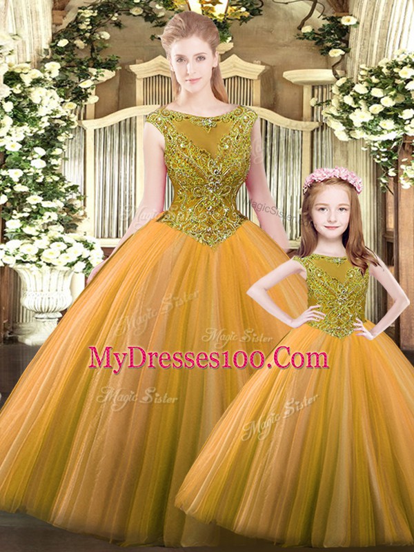 Cute Sleeveless Floor Length Beading Lace Up Quinceanera Gowns with Orange