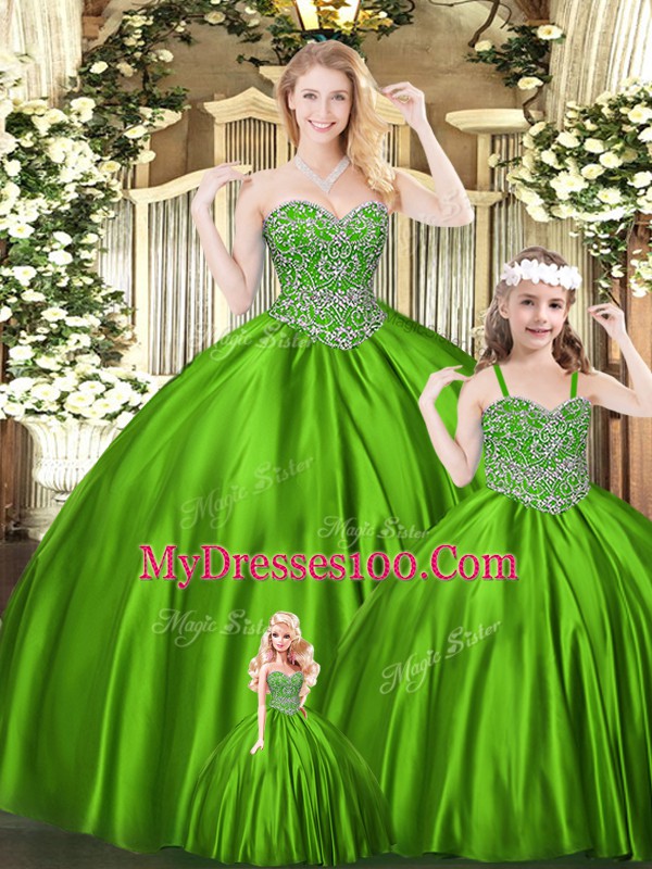 Hot Selling Tulle Sweetheart Sleeveless Lace Up Beading Quinceanera Gown in Green