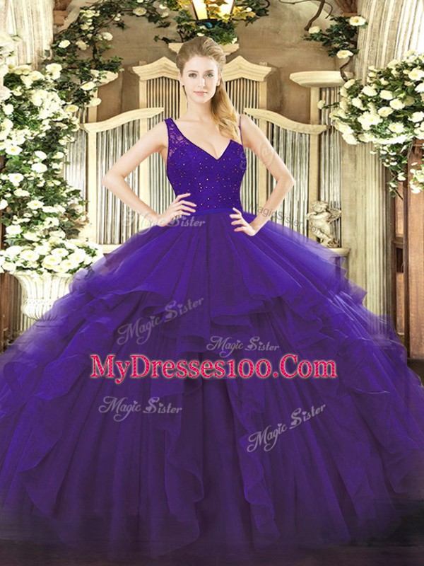 Chic Purple Organza Backless V-neck Sleeveless Floor Length Quinceanera Gowns Beading and Lace and Ruffles