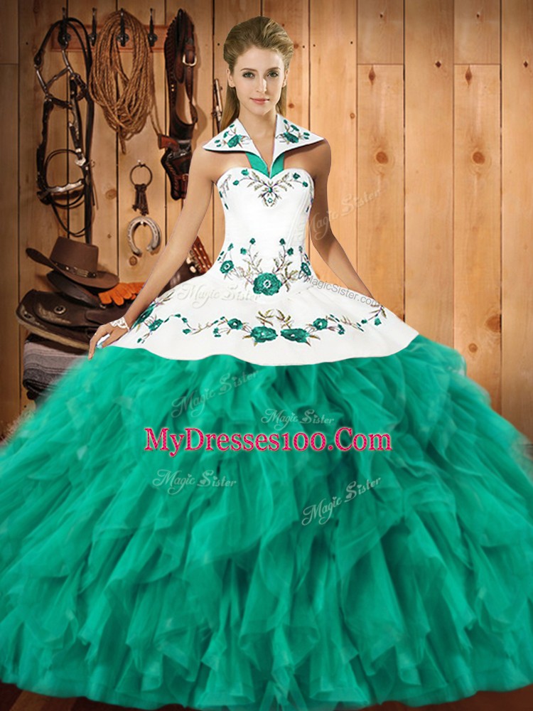 Ball Gowns Quince Ball Gowns Turquoise Halter Top Satin and Organza Sleeveless Floor Length Lace Up