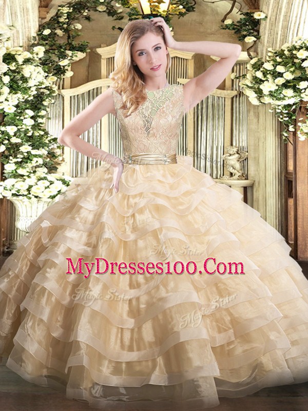 Inexpensive Champagne Organza Backless Scoop Sleeveless Floor Length Sweet 16 Dresses Lace and Ruffled Layers