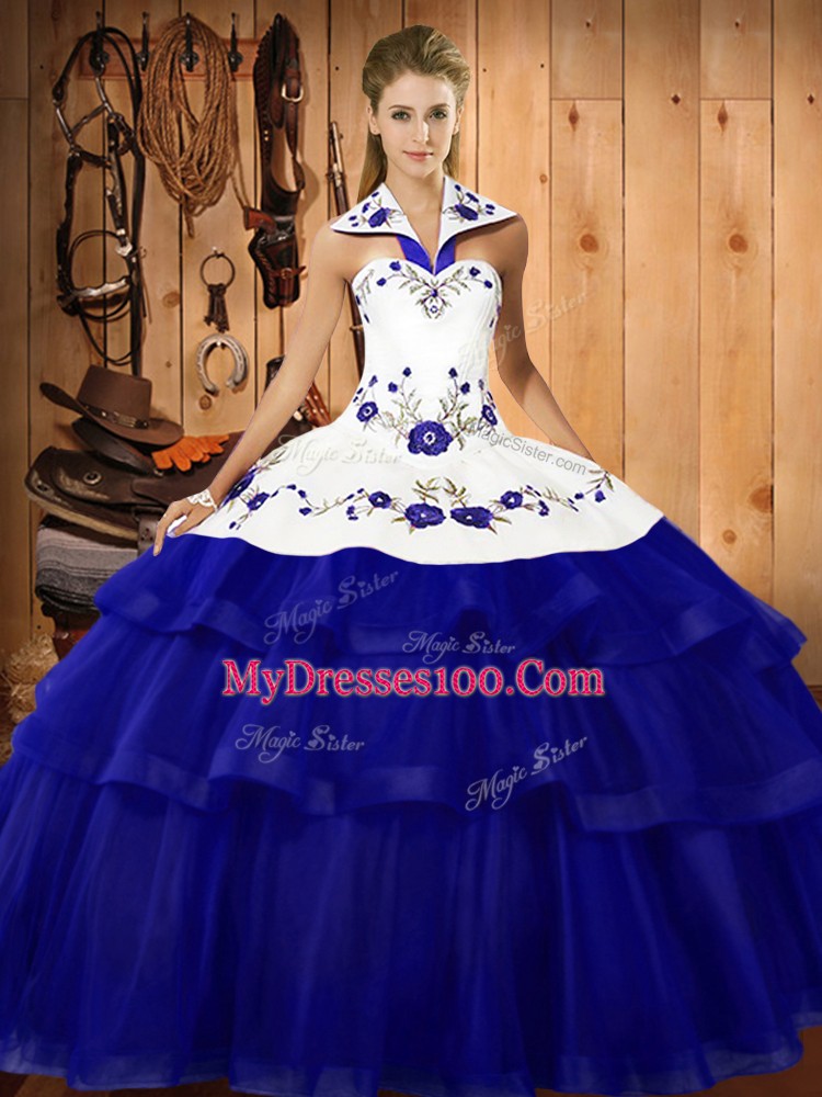 Royal Blue Vestidos de Quinceanera Organza Sweep Train Sleeveless Embroidery and Ruffled Layers