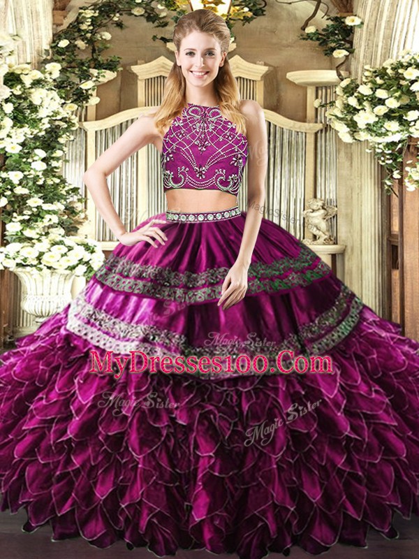 Fuchsia High-neck Neckline Beading and Ruffles Quinceanera Dresses Sleeveless Zipper