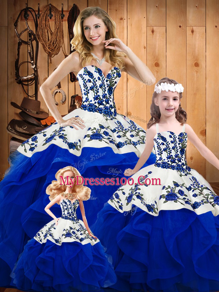 Royal Blue Sweetheart Neckline Embroidery and Ruffles Ball Gown Prom Dress Sleeveless Lace Up