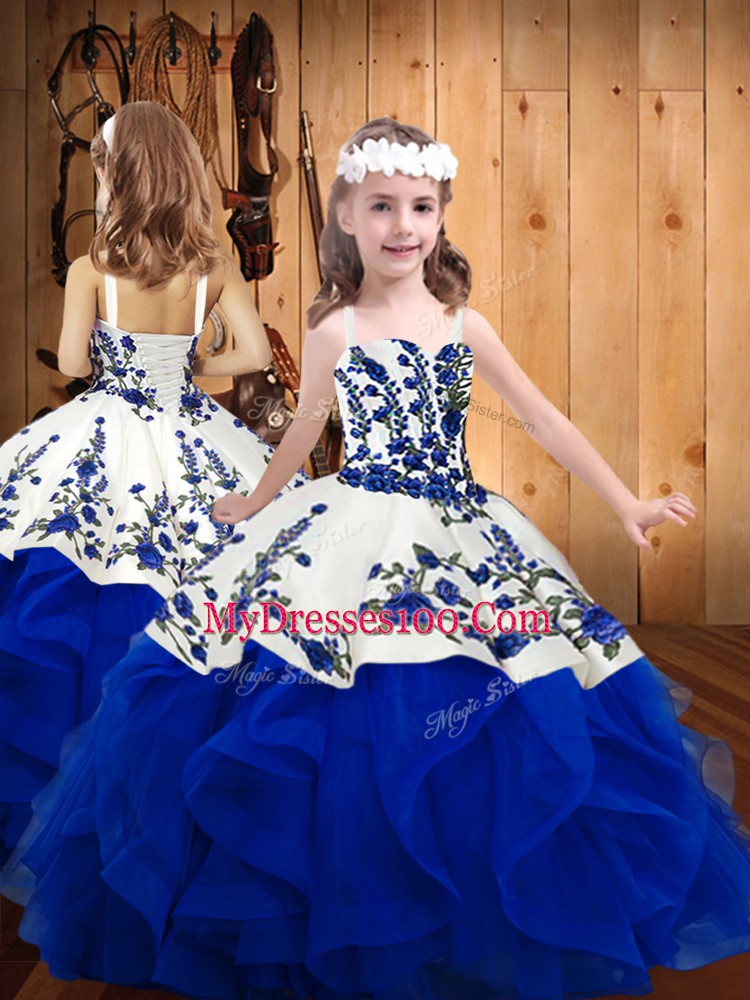 Royal Blue Sweetheart Neckline Embroidery and Ruffles Ball Gown Prom Dress Sleeveless Lace Up