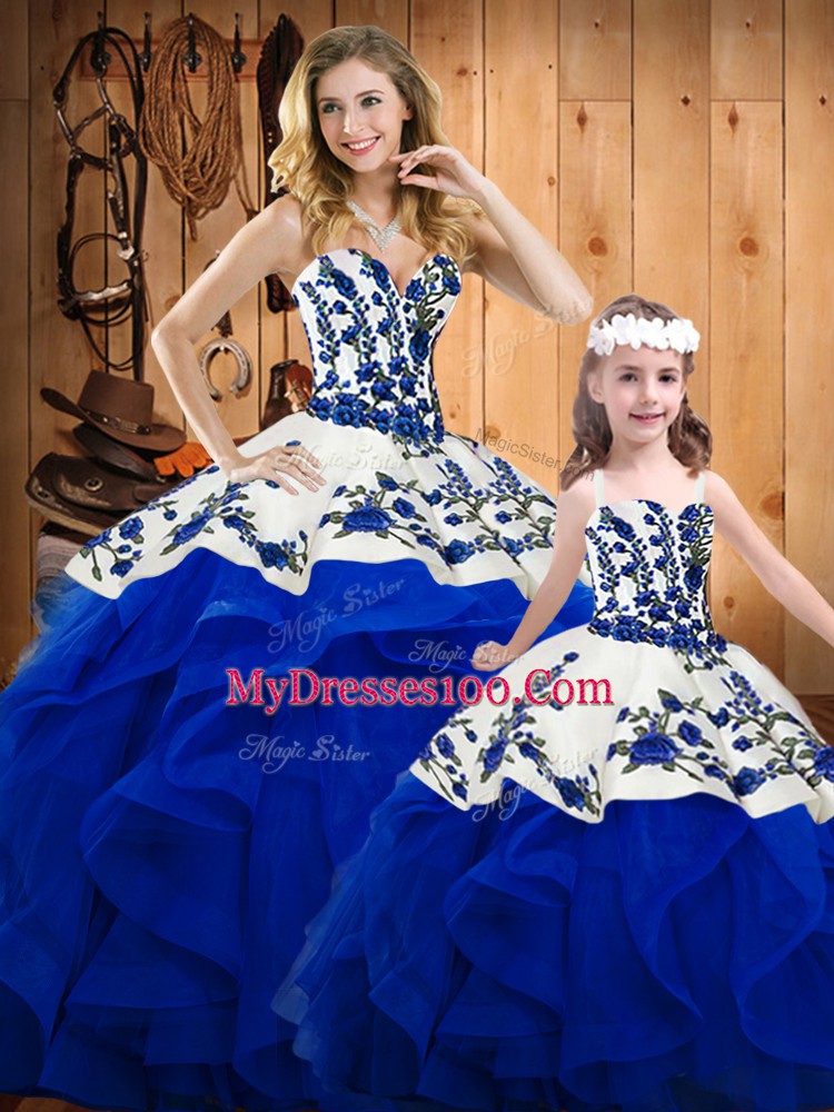 Royal Blue Sweetheart Neckline Embroidery and Ruffles Ball Gown Prom Dress Sleeveless Lace Up