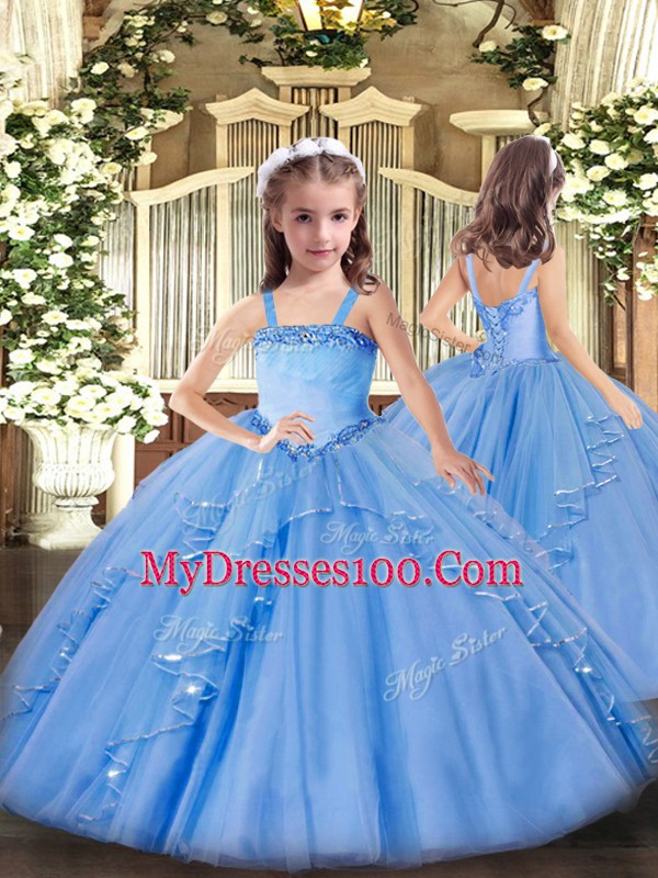 Most Popular Sleeveless Organza Floor Length Lace Up Quince Ball Gowns in Baby Blue with Beading and Ruffles