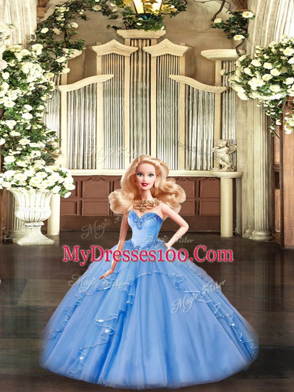 Most Popular Sleeveless Organza Floor Length Lace Up Quince Ball Gowns in Baby Blue with Beading and Ruffles