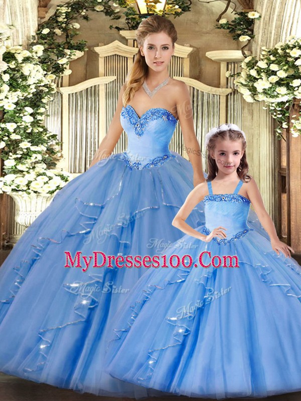 Most Popular Sleeveless Organza Floor Length Lace Up Quince Ball Gowns in Baby Blue with Beading and Ruffles