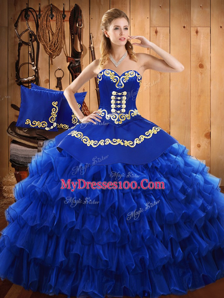 Vintage Blue Lace Up Strapless Embroidery and Ruffled Layers Sweet 16 Dress Satin and Organza Sleeveless