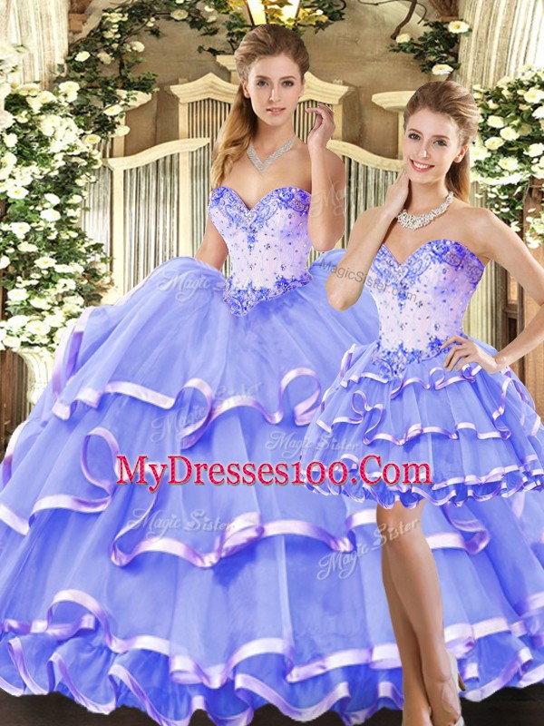 Lavender Lace Up Sweet 16 Dresses Beading and Ruffled Layers Sleeveless Floor Length